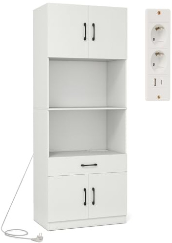 KOMFOTTEU 168 cm Küchenschrank mit Ladestation, Buffetschrank mit verstellbarem Regal, Vorratsschrank mit Schublade, Arbeitsplatte, Küchenbuffet Hochschrank Weiß
