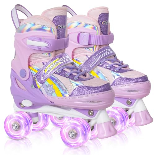 Nattork Mädchen Rollschuhe für Kinder, 4-Fach verstellbare Regenbogen-Rollschuhe – das Beste Geburtstagsgeschenk für Outdoor-Sportarten