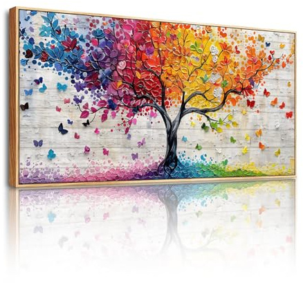 SERIMINO Tableau Decoration Murale Arbre de Vie Grand Cadre 73x146 cm | Motif Arbre Papillons Multicolore, Cadre Bois Massif, Impression HD, Installation Simple, Cadeau, Grand Format