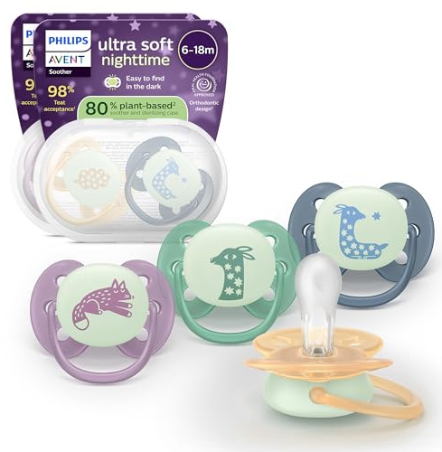 Philips Avent Ultra Soft Schnuller für die Nacht – kiefergerecht, Babys 6–18 Monate, leuchtet im Dunklen, symmetrische Form aus weichem Silikon, BPA-frei, 4 Pack, SCF094/08