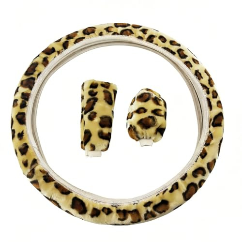 QOCUILC 3-teiliges Leopard Lenkradbezug Set – Auto Lenkradabdeckung Winter 36–39 cm mit Schalthebel- & Handbremsbezug, Plüsch Lenkradhülle Universal Lenkradschutz für Damen & Herren