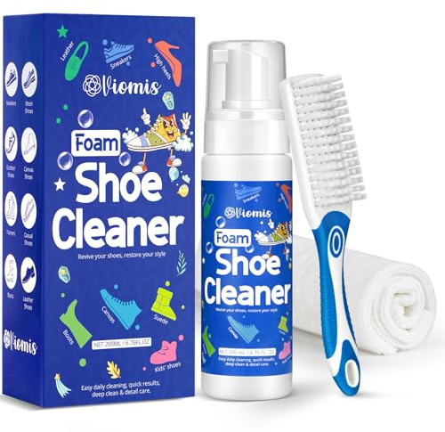 Viomis Foam Shoe Cleaner Kit (6.76oz) - Professional Sneaker Cleaner with Brush & Microfiber Towel - Safe for Suede, Leather, Canvas, Mesh - Instant Stain Remover for White Shoes, Tennis & Golf Shoes
