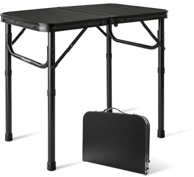 Bingyouth 2ft Small Folding Table 60x40cm, 26/55cm Adjustable Height Portable Camping Table, Lightweight Compact with Carry Handle for Picnic Garden Bedside, Easy-Clean Top, Black