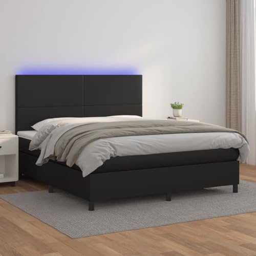 Hommdiy Boxspringbett mit Matratze & LED Schwarz 180x200 cm Kunstleder Polsterbett Einzelbett Schlichtes Design