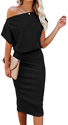 LEEDYA Womens Summer Dresses Wedding Guest Dress Sexy Cold Shoulder Tops | Party Dresses for Women UK, Midi Bouncy Prom Dress, Club Outfit, Going Out Outfits, Fashion Casual Clothes, Short Sleeve