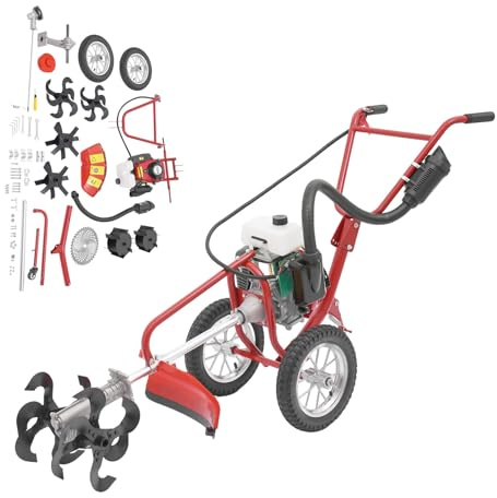 ROGONPDK 240 U/Min 4-Takt Mini-Motorhacke, 3in1 63CC Benzin-Motorhacke, Mikrokultivator, 4 PS Mikro-Motorhacke mit Räder, Handgeführte Gartenfräse, für Bauernhöfe, Gärten und Felder