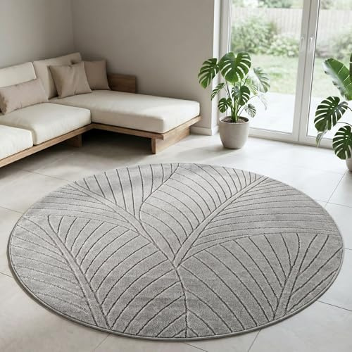 Carpetsale24 Kurzflor Teppich Rund 120 cm Grau, 3D Hoch Tief Effekt, Skandinavisch Boho Motiv, Balkon Terrasse Teppich, Indoor Outdoor Pflegeleicht