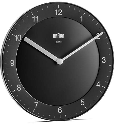 Braun Klassische analoge Wanduhr ruhigem Quarzuhrwerk, leicht lesbarem Zifferblatt mit 20 cm Durchmesser in Schwarz, Modell BC06B.