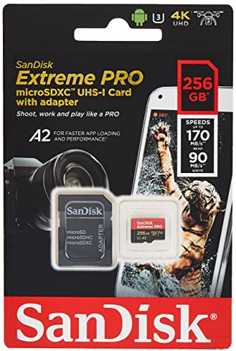 SanDisk Extreme Pro 256 GB microSDXC Memory Card + SD Adapter with A2 App Performance + Rescue Pro Deluxe 170 MB/s Class 10, UHS-I, U3, V30