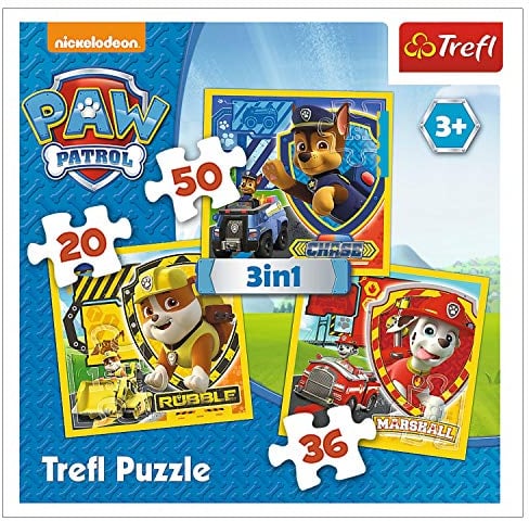 Trefl, Puzzle, Marshall, Rubble und Chase, PAW Patrol, von 20 bis 50 Teilen, 3 Sets, für Kinder ab 3 Jahren