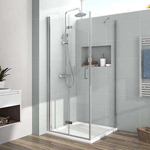 EMKE Duschkabine 100 x 90 x 195cm Eckeinstieg Duschabtrennung Duschtür Falttür Dusche 180º Klappbar Duschwand mit Seitenwand 90cm 6mm Sicherheitsglas mit Nano Beschichtung Duschkabinen