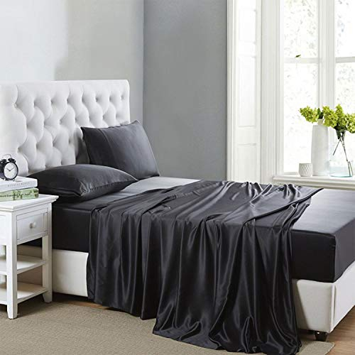 Lanest Housing Seidensatin-Bettlaken, 4-teiliges King-Size-Satin-Bettlaken-Set mit tiefen Taschen, kühlend, weich und hypoallergen, Satin-Bettlaken, King-Size-Bett – Schwarz