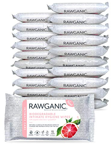 RAWGANIC Bio Intim-Hygienetücher | COSMOS zertifiziert | Hypoallergen, Alkoholfrei, Spülbar Und Biologisch Abbaubar | 100% Zellulose (15 Tücher pro Packung) (20 Packungen)
