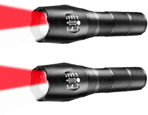 Ultra Bright Dual Color Tactical LED Flashlight with Red and White Light Option,Zoomable 2 in 1 LED Flashlight for Hunting Camping Astronomy, 2 Pack