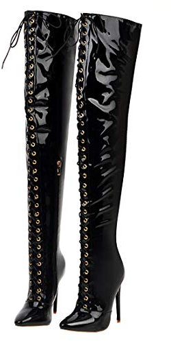 Etebella Damen Overknee Stiefel Lack mit Schnürung Langschaft Stiletto High Heels Spitz Zipper Boots Sexy Winter Schuhe (Schwarz,40)