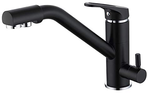 3 Wege Wasserhahn Küche - Spültischarmatur, 3 In 1 Mischbatterie Für Wasserfilter, Modern Messing Schwarz 360° Drehbar Küchenarmatur, Kaltes Und Heißes Wasser Vorhanden,trinkwasserhahn Mit 2 Hebel