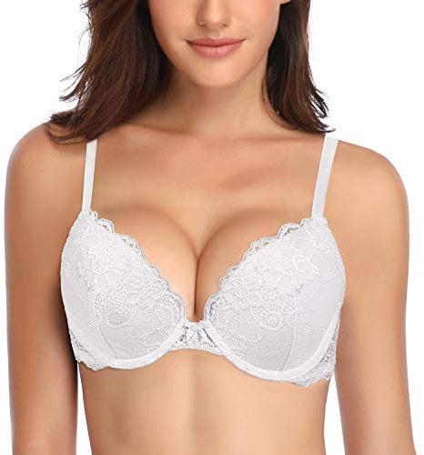 Deyllo Women's Push Up Lace Bra Sexy Deep V Lift Up Bra Underwire Padded Comfort Everyday Bra(White,36D)