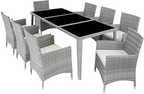 TecTake® Conjunto Jardín Exterior de Ratán y Aluminio, Muebles Jardín Exterior Resistente a la Intemperie, 8 Sillas con Cojines, 1 Mesa con Cristal, 2 Juegos de Fundas y Funda Protectora - Gris Claro
