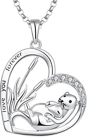 JO WISDOM Damen Kette Otter Herz Silber 925,Halskette Anhänger Mama Mutter Tochter Seetang mit 3A Zirkonia,Schmuck für Frauen