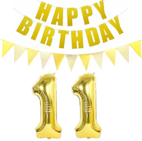 Lot de 2 ballons gonflables en forme de chiffre 11 doré + guirlande Happy Birthday + bannière dorée pour 11e anniversaire de jeune fille de 11 ans - Décoration d'anniversaire