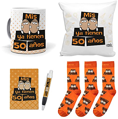 mundohuevo Mega Regalo Personalizado para 50 cumpleaños Hombre. Mis Huevos ya Tienen 50 años. Taza, cojin, libreta, boli y Trio de Calcetines