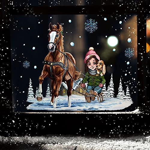 ilka parey wandtattoo-welt Fensterbild Weihnachtsdeko Weihnachten Mädchen mit Pferdeschlitten wiederverwendbar Fensterdeko Winter Fensterbilder Kinder Zimmer bf160