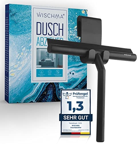 WISCHMA [Das Original] Duschabzieher schwarz Silikon − Abzieher Dusche mit Halterung ohne Bohren − Glasabzieher Dusche mit Edelstahl-Kern streifenfreie Duschwand Spiegel, Bad & Scheibenabzieher