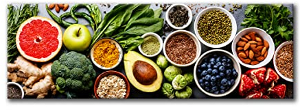 Leinwandbild Fresh Fruits & Vegetables 30 x 90 cm - Der Lifestyle Panorama Hingucker für Ihr Esszimmer und Küche | Bild auf Leinwand Wandbild Küchenbild | Obst Gemüse Früchte Orange Avocado | Home XL