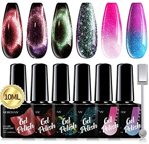 Morovan Cat-Eye Gel Nail Polish Kit - 6 Glitter 9D Magnetic Colors