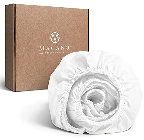 MAGANO® Luxus Spannbettlaken 180x200 Weiß | Bambus & Baumwolle Satin | 400 TC Premiumqualität | Hypoallergen & Thermoregulierend | Spannbetttuch Bettlaken 180x200cm | Weiss
