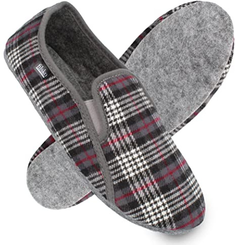 filsko® Vemb - Pantoffeln - leise dank Filzsohle - flexibel durch Gummizug - flache Absatzform - Fersenschutz - 44 EU - grau kariert