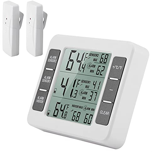 Kühlschrank Thermometer, Außen Thermometer Gefrierschrank Thermometer Kühlschrankthermometer mit 2 Kabellosen Sensoren mit Akustischem Alarm für den Innen- und Außenbereich LCD-Display