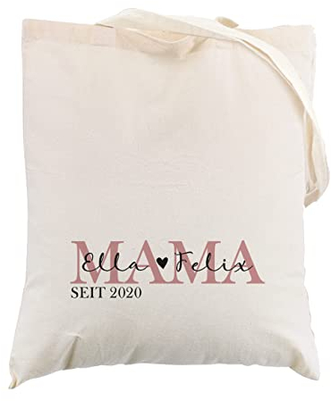 Herz & Heim® Stoff-Beutel personalisiert/Baumwolltasche/lange Henkel/Geschenk-Idee für Mama Naturweiß, Mama-Schriftzug