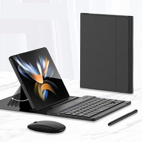 Étui pliable en cuir avec clavier sans fil pour Samsung Galaxy Z Fold 4 / Fold 3, support créatif, souris Bluetooth, stylet (noir)