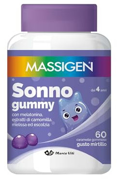 Massigen - Sonno Gummy, Integratore Alimentare con Melatonina e Estratti Naturali, Vitamine Gommose, Gusto Mirtillo, 60 Caramelle da 3,3 g, Per Rilassamento e Sonno