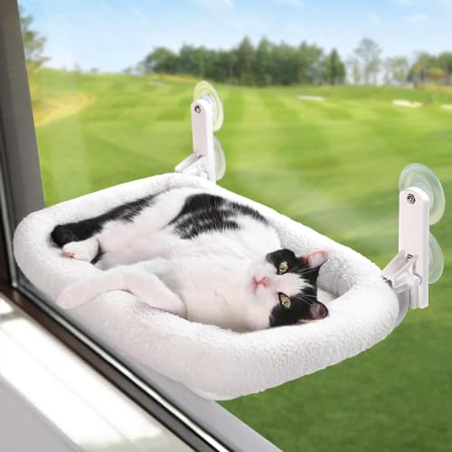 Zakkart Foldable Cat Hammock for Window - Cordless, Machine Washable Bed, Robust Metal Frame & ABS Brackets- Cat Window Perch for Large Cats and Kittens (White Bolster Bed, Medium)