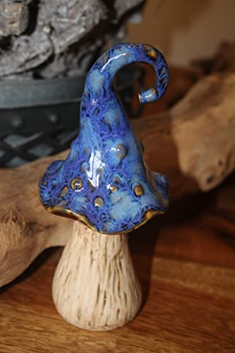 Holzwurm Dekopilz aus Keramik, H 16 cm, Schwammerl mit Blauer Kappe