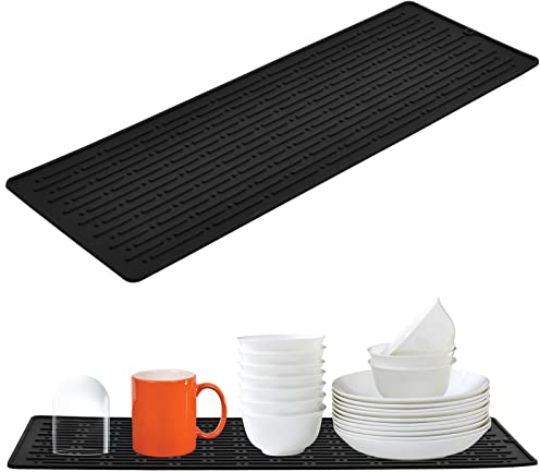 Tinsellns Dish Drying Mat, 40.5x14.5cm, Black, Silicone, Wavy Pattern, Non-Slip, Heat Resistant, Kitchen & Home
