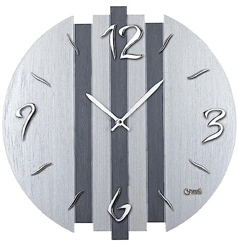 Lowell Wanduhr, 11446, Made IN Italy, Quarz Analog, Indexe, Holz, Modern, Farbe Silber/Grau, ⌀50cm