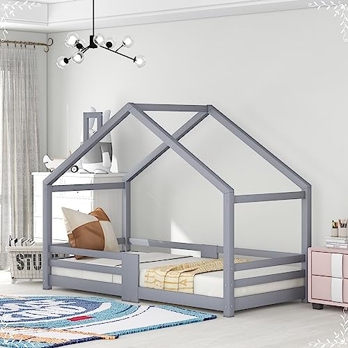 Daesar Kinderbett 90x200 mit Rausfallschutz, Bettgestell mit Lattenrost, Hausbett mit Schornstein, Modern Holzbett Grau ohne Matratze für Kinder