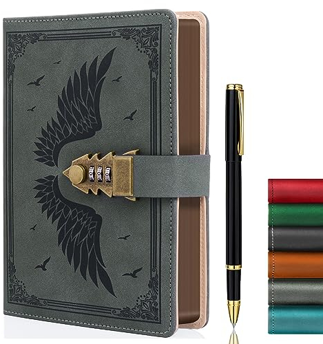 ZXHQ Tagebuch mit Schloss für Frauen/Männer, geheimes Tagebuch für Mädchen, A5 Notizbuch mit Stift Set Nachfüllbares Leder Journal Schreiben Notizbuch Größe A5(15.9 × 21.5cm) Grau