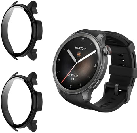 Funrae Hülle Kompatibel mit Amazfit Balance [2 Stück], PC Gehäuse mit Hartglas Displayschutz Schutzhülle Vollschutz Kratzfest Ultradünner Puffer Schutz Case - Schwarz
