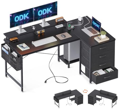 ODK Corner Desk with Drawers, L Shaped Computer Desk 140x80cm with USB Charging Port & Power Outlet, Home Office Desk with Monitor Stand and PC Stand, Gaming Desks Workstations, Black