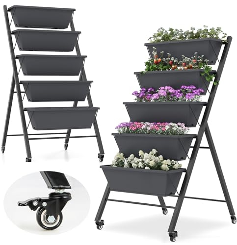 RELAX4LIFE Jardinière Verticale Surélevée avec Roues Verrouillables, Potager sur Pied Urbain à 5 Niveaux en Fer avec Trous de Drainage pour Fleurs Herbes Légumes Terrasse, Balcon (Noir, 50x19x117CM)