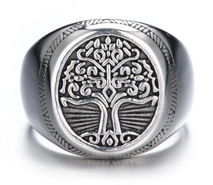GTHIC Edelstahl Baum des Lebens Wikinger Siegelring für Männer und Frauen Silber Vintage Weltenbaum Yggdrasil Amulett Ring Rund Unisex Wikinger Schmuck US Größe 11