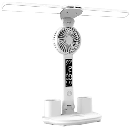 Runioney Lampe de Table Rechargeable pour éTude, Lampe de Bureau, Lampe de Lecture, Lampe de Table LED avec Ventilateur, Lampe de Lecture à Affichage D'Horloge LED