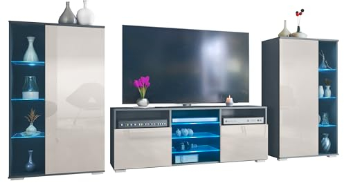 Vladon Wohnwand Davos, Anbauwand bestehend aus 2 Vitrinen und 1 TV-Board, Anthrazit matt/Sandgrau Hochglanz inkl. LED-Beleuchtung (329 x 134 x 35 cm)