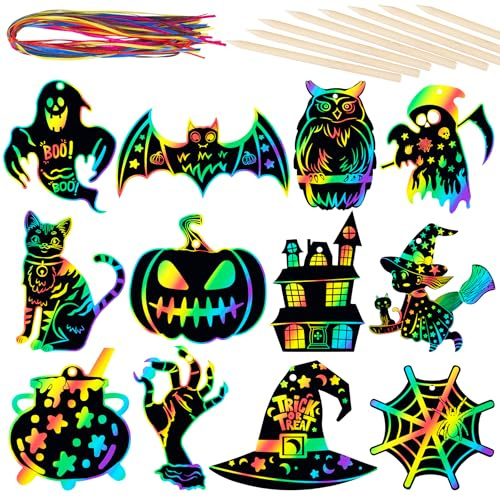RICEDUO 48 Stück Halloween Kratzbilder, Halloween Magischer Regenbogen Bastelset für Kinder, Halloween Hängende Ornamente für Halloween Party Bevorzugungen Aktivitäten
