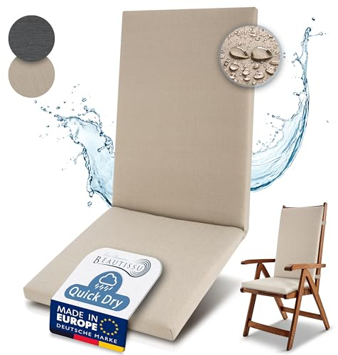 Beautissu Premium Hochlehner Auflage 100% Wasserdicht 120x50cm – UV-beständig Bequem Pflegeleicht Waschbar Sitzkissen Gartenstuhl – Quick Dry Polsterauflage Gartenmöbel Stuhlauflage Beige