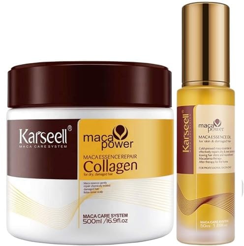 Karseell MACA CARE SYSTEM Set Cuidado Capilar Mascarilla Cabello 500ml + 1 Aceite de Argán 50ml Pelo Seco y Dañado Colágeno Esencia de Maca Hidratación Tratamiento Reparador.